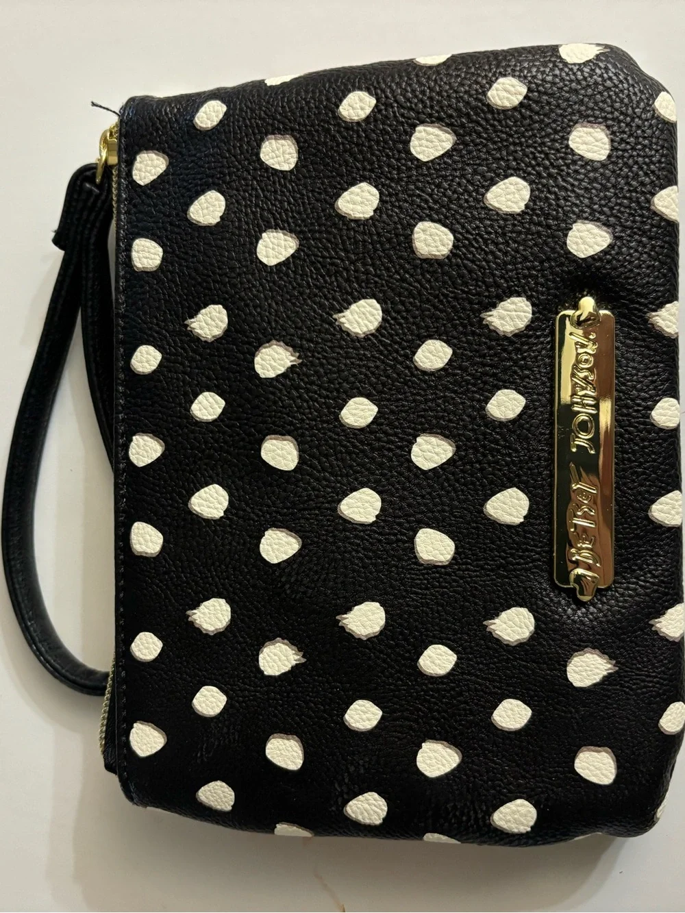 Betsey Johnson Black and White Polka Dot Wristlet with Red Sequined Bow NWOT